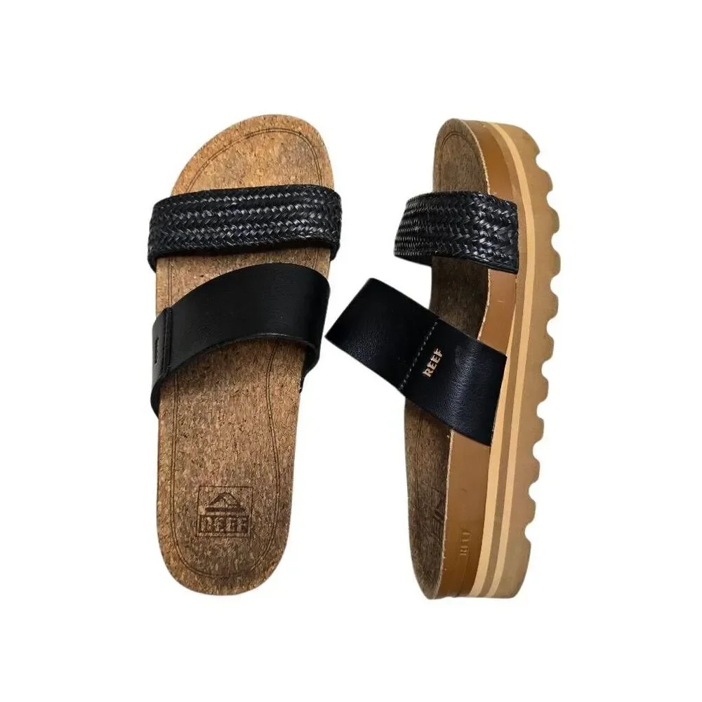 Reef Cushion Vista Hi Black Woven Leather Platform Slide Sandals Size 8
